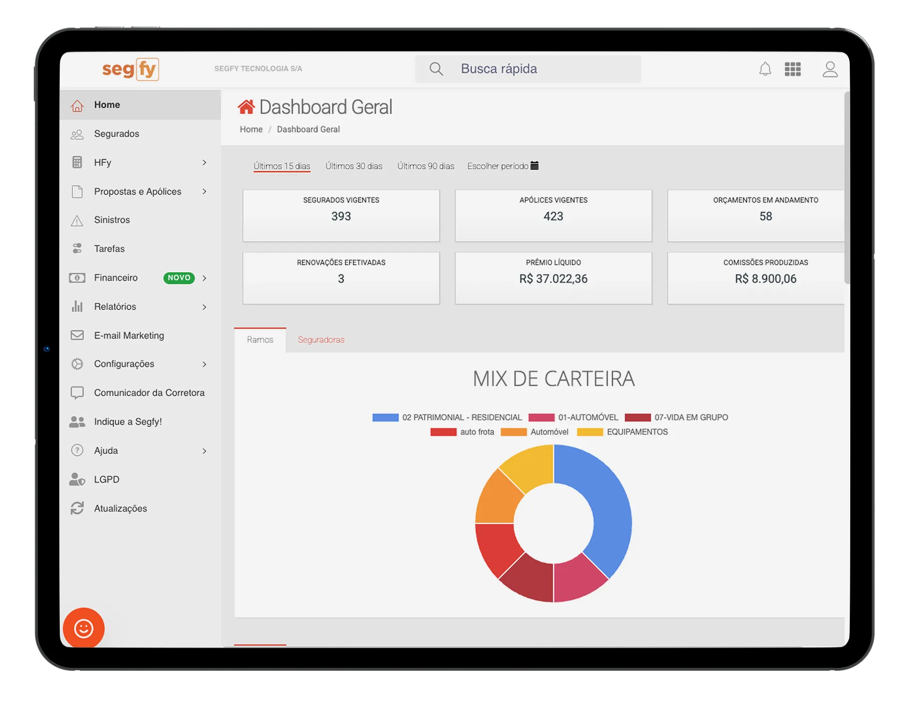 Segfy Gestão num tablet